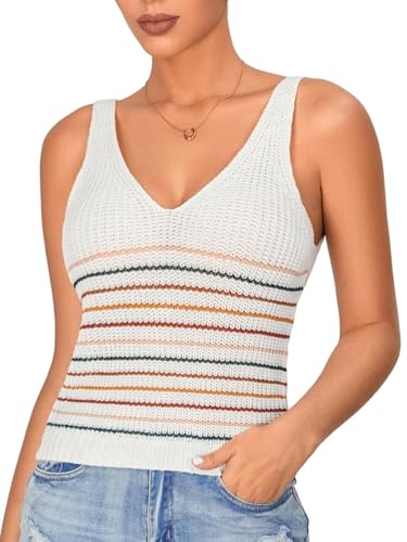 WDIRARA Women's Striped Pattern Sleeveless Knit Top V Neck Casual Sweater Vest
