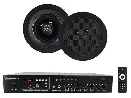 Rockville Bundle: RCS80-1 60W 70V Commercial/Restaurant Amplifier Bundle with Pair of CC4T Black 4