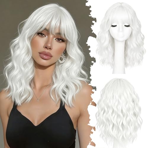 AllureLocks White Wig with Bangs -Short Wavy Wigs for Women Synthetic Funny Women Wigs wavy for Cosplay Color Wigs for Party Halloween Daily Anime Costume