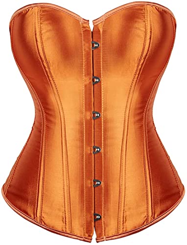 ADELCE Womens Sexy Boned Overbust Shaper Push Up Bodysuit Lace up Corsets and Strap Bustiers Top Orange S