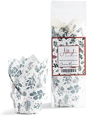 Ashleigh's Tulip Cupcake Liners - 100 Botanical Red & Green Floral Cupcake Wrappers, Baking Cups, Muffin Cups, Cupcake Cups for Baking Pans & Muffin Pan Liners (Christmas Memories - 100ct.)