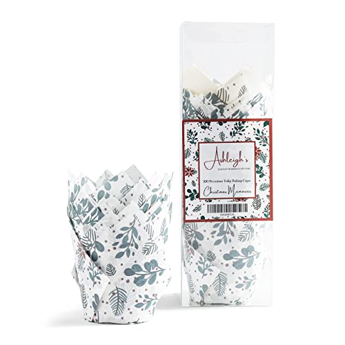 Ashleigh's Tulip Cupcake Liners - 100 Botanical Red & Green Floral Cupcake Wrappers, Baking Cups, Muffin Cups, Cupcake Cups For Baking Pans & Muffin Pan Liners (Christmas Memories - 100Ct.) #TOP22