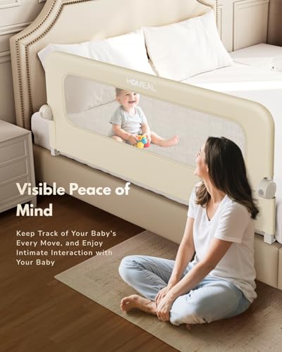 Image of HOMEAL Bed Rail for Toddlers - Swing Down Bed Guard with Double Reinforced Stability, Foldable Metal Safety Rail for King, Queen, Full & Twin Beds (Beige, 59in)