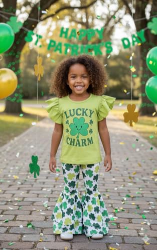 Image of Unique Baby 2 Piece Girls Double Bell Bottom Leggings Outfit with Short Sleeved Shirt Kid and Toddler Clothes Set