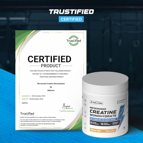 Image of Wellcore Pure Micronised Creatine Powder With Glass Bottle (83 Servings, Tropical Tango) For Enhanced Muscle Strength With Rapid Absorption | Creatine Monohydrate | Wellcore Creatine Flavoured - 307g