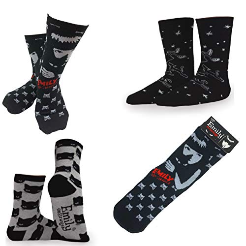 Emily the Strange Women's Cute Fun Edgy Black Cat Skull Crew Socks - 3 Pair2