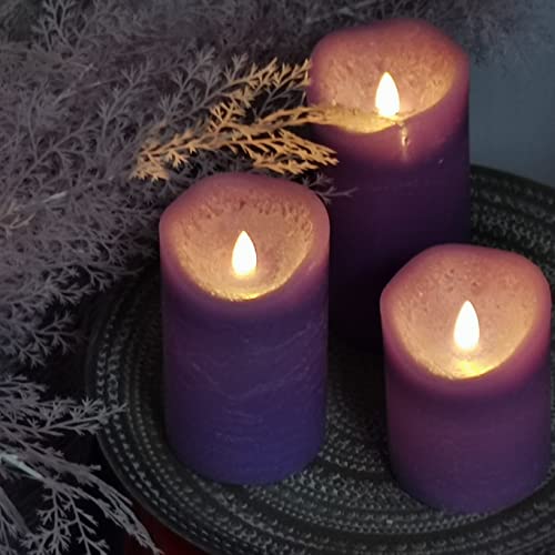 Image of CANDLE CHOICE Battery Operated Flameless Candles with Timer Real Wax Realistic Flickering Electric LED Pillars Automatic Built-in Daily Cycle 6-hour on 18-hour off 3 PCS Rustic Texture Lavender Purple