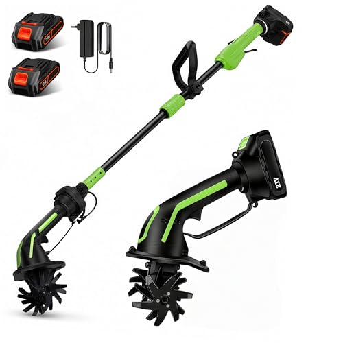 Motoazada Electrica, Mini Motoazada Portátil Varilla de extensión Desmontable de 1,3m,Ancho de Labranza 10cm, Profundidad de Labranza 10 cm Baterías 3000 mAh para Jardines y Huertos (2 Baterías)