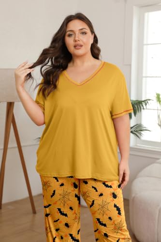 Image of Vozanet Women's Plus Size Pajama Sets Short Sleeve Long Pants Solid Color with Piping Trim Elegant Loungewear Cozy Sleepwear