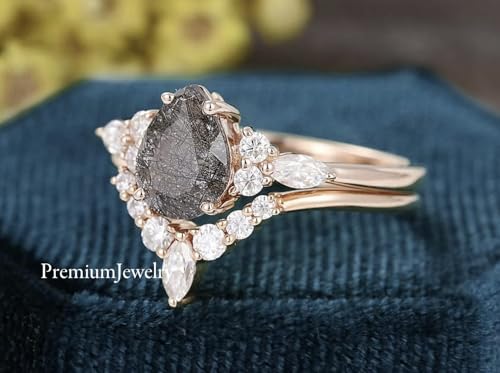 Pear Shaped Black Rutilated Quartz Ring & Curved Band, Delicate Cz Engagement Ring Set of 2, Wedding Ring Set for Women, Christmas Gift, Bridal Ring, 925 Sterling Silver Ring4