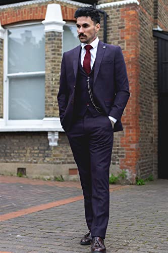 Men's 3 Piece Suit Wool Tweed Plum Wine Check 1920s Gatsby Formal Dress Suits2