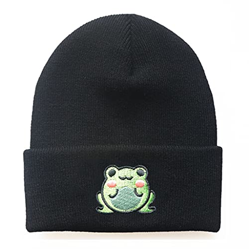HANBOLI Strickmütze mit Curl Edge - Niedliche Cartoon Frosch Stickerei, Unisex Schwarz für Herbst & Winter