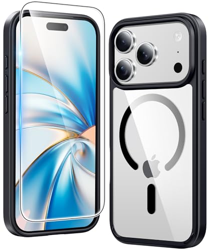 Image of FNTCASE for iPhone 17 Pro Case: Clear Magnetic Phone Cases with Screen Protector Compatible with Magsafe Slim Anti Yellowing Rugged Shockproof Protective Transparent Cell Phone Cover (B-Black)