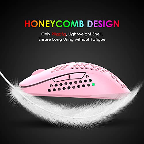 Lightweight Gaming Mouse Wired,USB Optical Computer Mice with RGB Backlit,4 Adjustable DPI Up to 2400,Ergonomic Gamer Laptop PC Mouse with Honeycomb Shell for Windows 7/8/10/XP Vista Linux -Pink