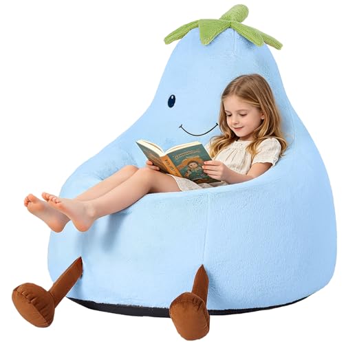 Image of 24 Inches Memory Foam Bean Bag Chair - Ultra Soft Faux Rabbit Fur Round Sofa with Handle & Machine Washable Cover, Comfy Chair for Kids Teens, Perfect for Reading Gaming in Living Room Bedroom, Blue