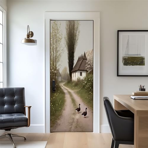 Door Stickers Peel and Stick Door Decal Quaint Village Road Thatched Cottages Charming Country Nature Removable Mural Wallpaper 30.3''x78.7'' Wall Murals for Kitchen Living Room Bedroom