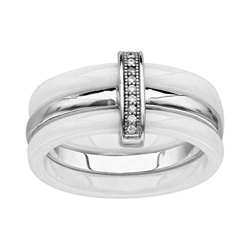 1001 Bijoux Bague Argent rhodié 2 Anneaux céramique Blanche 1 Anneau Lisse oxydes Micro sertis Blancs + écrin (Offert) + Certificat d'Authenticité Argent 925‰ - Tour de Doigt 56