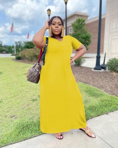 Image of TOPSRANI Womens Plus Size Maxi Dresses for Women Oversize Casual Short Sleeve V Neck Loose Plain Solid Trendy Summer Dress