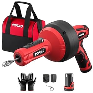 POPULO 12V Cordless Electric Drain Auger, Auto Feed Plumbing Snake Clog Remover for Unclog Sink Drain 3/4″-2″ Pipe, Snake Hair Drain Clog Remover Cleaner Tools for Shower, Bathtub, Kitchen, Sink