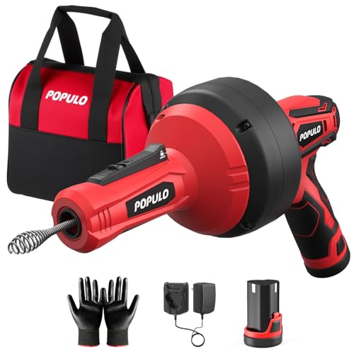 POPULO 12V Cordless Electric Drain Auger, Auto Feed Plumbing Snake Clog Remover for Unclog Sink Drain 3/4'-2' Pipe, Snake Hair Drain Clog Remover Cleaner Tools for Shower, Bathtub, Kitchen, Sink