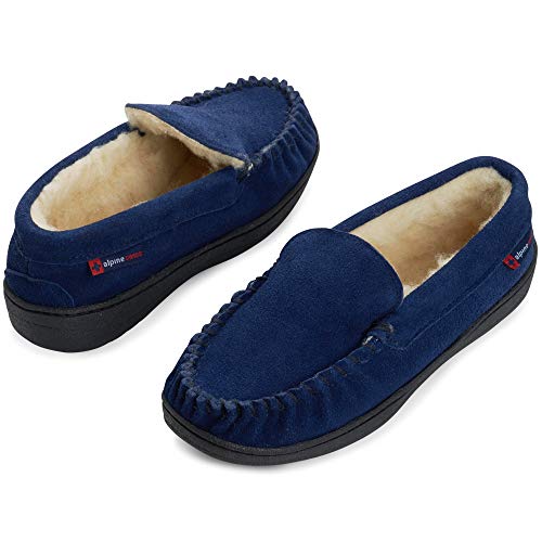 Image of Alpine Swiss Men's Moccasin Slippers Genuine Suede Slip-On House Shoes Memory Foam Insoles Plush Faux Shearling Lining Comfortable Indoor Outdoor Slipper with Anti-Slip Rubber Sole