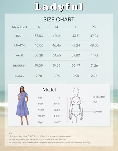 Image of Ladyful Women Casual Button Down Shirt Dress Short Wing Sleeve Buiness Midi Shirt Dress with Belt Elegant Dress