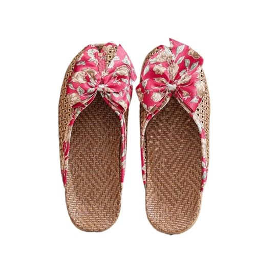 Sweet Bow Linen Slippers Flat Peep-toe Straw Weaving Slippers Shoes Hollow Out Closed-toe Sandals Women