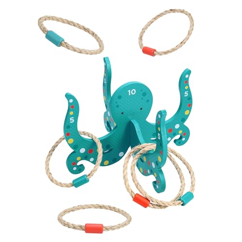 Image of Petit Collage: Happy Octopus Wooden Hoopla - Wooden Carnival Ring Toss Game with Rope Rings - Perfect for Indoor or Outdoor Play - Great Birthday Party Activity or Gift for Kids Ages 3+
