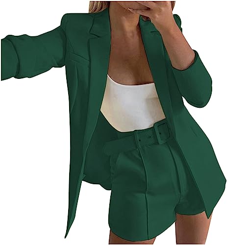 hlysgo 2 Piece Outfits for Women Long Sleeve Solid Open Front Blazer Shorts with Belt Business Casual Elegant Suit Sets