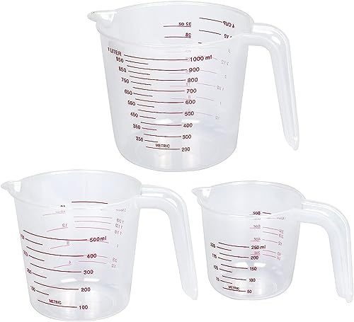 Image of 3Pcs Plastic Measuring Cup Set with Handle Liquid Measuring Cup 1 /2 /3 Cup Capacity,1000ml 500ml 250ml for Measuring Solid and Liquids 3 Pcs Combo Pack