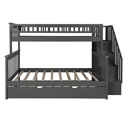 Twin Over Full Bunk Beds with Trundle, Rockjame Wood Space Saving Design Stairway Bunk Bed Frame with Storage, Convertible to 2 Separated Beds, Great for Kids and Teenagers (Gray) - Thumbnail 6
