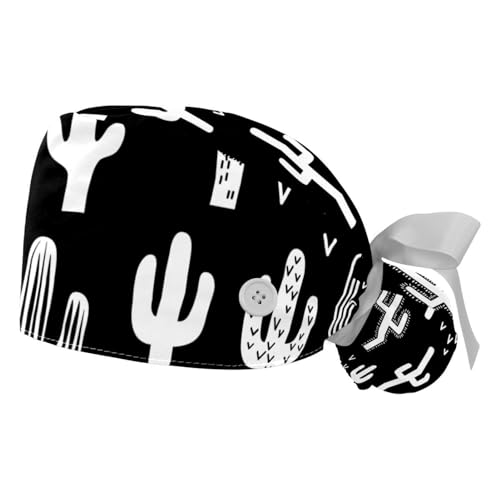 2 Pcs Scrub Caps Women Ponytail, Fun Western Cactus Surgical Caps for Women Long Hair Bouffant Scrub Cap