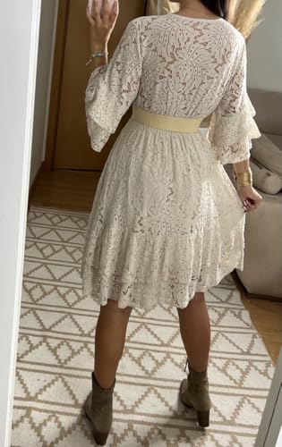 Robe trapèze blanche en dentelle fluide col V confortable - 5