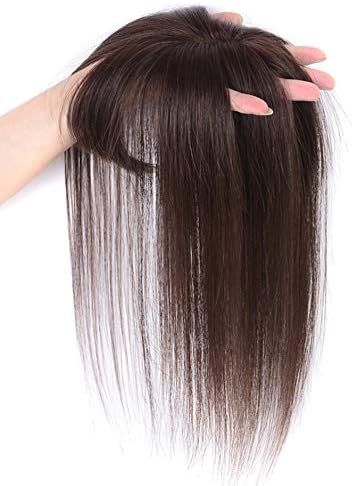 Yanamy Remy Human Hair Top Hairpieces with Air Bangs Clip in Crown Topper Hair Extensions for Women, 12" Blonde