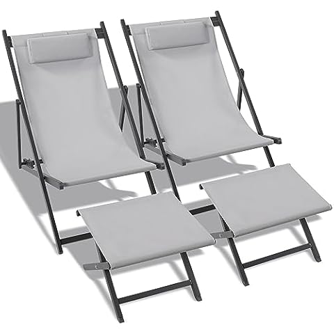 KROFEM Set of 2 0utdoor Patio Sling Chairs with Matching Ottomans, Lightweight FoldableAluminum Frame, Ideal for Deck, Pool, or Beach, Grey Cover