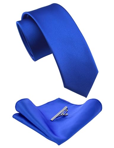 Jemygins Ensemble de cravate fine pour homme et mouchoir avec pince à cravate 6 cm, bleu roi, M