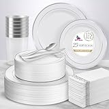 Berry Bloom Vajilla Elegante Reutilizable de 175 piezas: 50 platos con orilla plateada, 25 cucharas, 25 tenedores, 25...