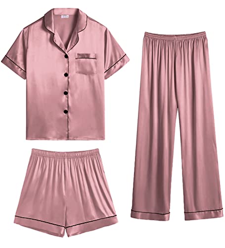 SWOMOG Womens Silk Satin Pajama Sets 3Pcs Button Down Pj Set Short Sleeve Sleepwear Loungewear Pjs Nightwear XS-XXL