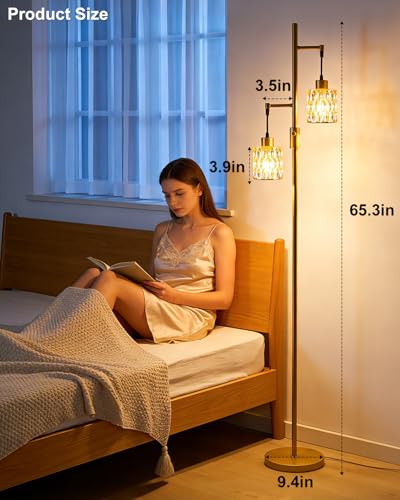Image of 2-Light Glass Floor Lamp, 65IN Tall Standing Lamps Dimmable with Amber Glass Lampshade, 3000K Warmwhite Mid Century Modern Floor Lamp with 5Lbs Heavy Base for Living Room /Bedroom