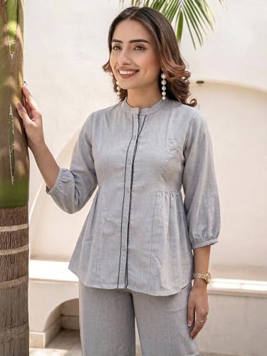 Image of TAGDO Co Ord Set for Women Stylish | Linen Kurta Set for Women | Mandarin Neck & Button Kurti Tops with Straight Fit Pants | Casual, Office & Travel Wear Two-Piece Outfit (2062)