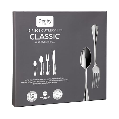 Denby Classic Cutlery Set - 16 Piece 18/10 Stainless Steel Flatware - Traditional Design with Mirror Finish - Dishwasher Safe Tableware - Knife, Fork & Spoon Set - Everyday Dining Set