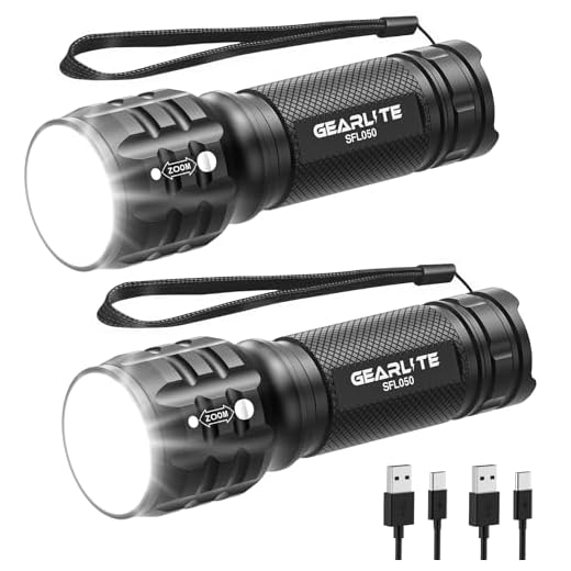 GEARLITE Lampe Torche Rechargeable 2 Pièces, Mini Lampe de Poche LED Ultra Puissante Militaire Tactique Zoomable, Étanche IP65, Longue Portée Flashlight pour Enfant Camping, Randonée, Urgences