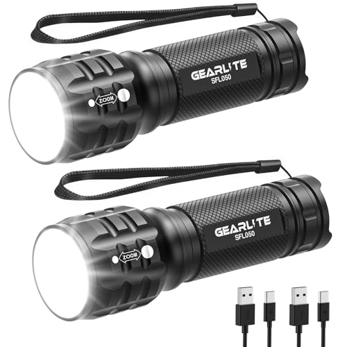GEARLITE Lampe Torche Rechargeable 2 Pièces, Mini Lampe de Poche LED Ultra Puissante Militaire Tactique Zoomable, Étanche IP65, Longue Portée Flashlight...