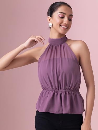 Image of FabAlley Women's Solid Regular Fit Purple Halter Neck Back Tie Up Peplum Blouse