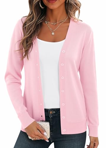 BEIGAI Damen Leichte Strickjacke Langarm Strickpullover mit V-Ausschnitt Vintage Klassische Strickjacke mit Knopf,Rosa,L