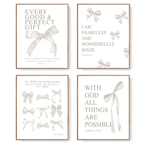 Image of LARTSFRO Coquette Beige Bow Christian Wall Art Decor Posters, Beige Bow Christian Room Bedroom Bathroom Dorm Wall Art Decor Aesthetic for Women College Teen Girls Gifts, Inspirational Bible Verses Bow Wall Decor, 10x8 Inch Set of 4 Pcs Bow Pictures (UNFRAMED)