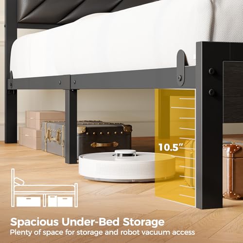 Image of Seventable Full Size Bed Frame with Charging Station & LED Lights, Upholstered Headboard with 2-Tier Storage Shelves, Metal Platform with Under Bed Storage, No Box Spring Needed, Easy Assembly, Black