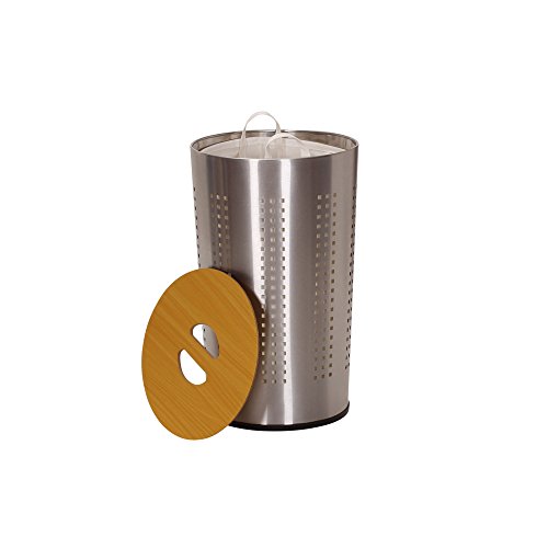 Household Essentials 7081-1 Round Metal Laundry Hamper - Removable Liner Bag and Wood