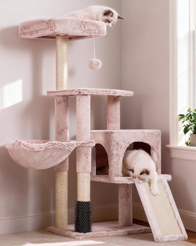 Heybly Arbre à Chat, Brosse de Nettoyage Automatique, Arbre à Chat Domestique Robuste avec Peluche Polie, Chaise Longue, Bac à Litière avec Panneaux et...
