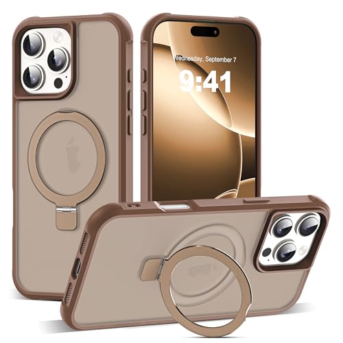 SKYLMW Compatible with iPhone 16 Pro Max Case with Invisible Magnetic O-Ring Stand Military-Grade Translucent Case for iPhone 16 ProMax 6.9 [Compatible with Mag-Safe][Great Grip Feeling] Desert Brown